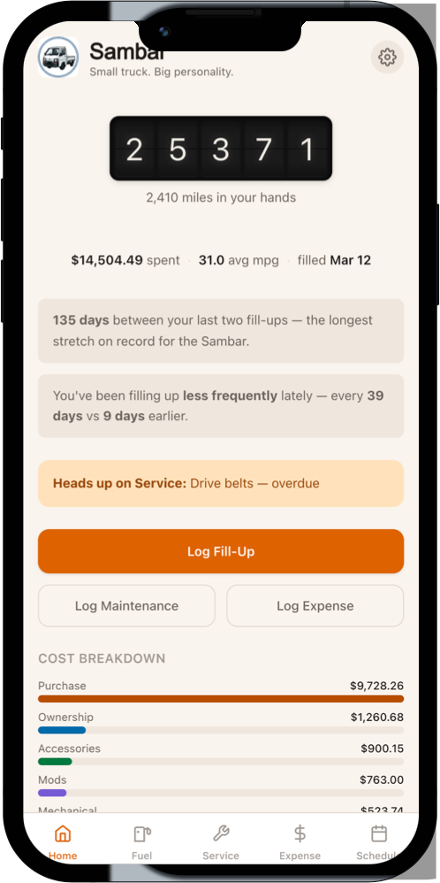 Sambar app — Home dashboard with odometer, stats, and cost breakdown